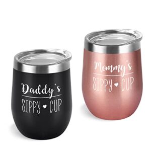 gtmileo daddys and mommys sippy cup stainless steel insulated wine tumbler set, mothers day fathers day christams birthday gifts for dad mom new parents papa mama anniversary(12oz, rose gold&black)