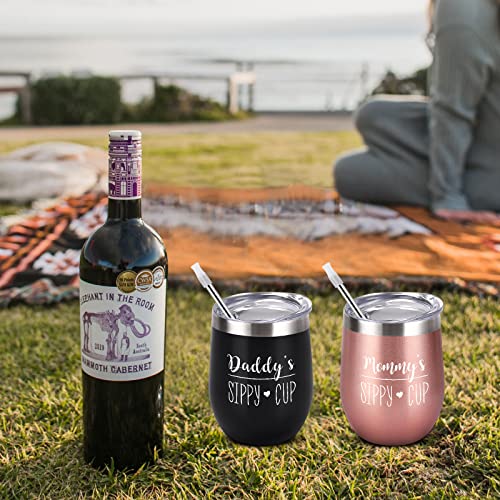 Gtmileo Daddys and Mommys Sippy Cup Stainless Steel Insulated Wine Tumbler Set, Mothers Day Fathers Day Christams Birthday Gifts for Dad Mom New Parents Papa Mama Anniversary(12oz, Rose Gold&Black)