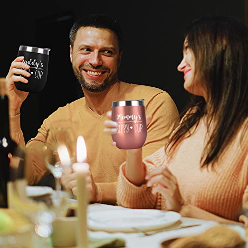 Gtmileo Daddys and Mommys Sippy Cup Stainless Steel Insulated Wine Tumbler Set, Mothers Day Fathers Day Christams Birthday Gifts for Dad Mom New Parents Papa Mama Anniversary(12oz, Rose Gold&Black)