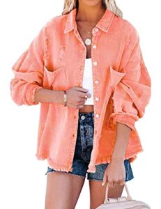 lumister womens causal oversized button distressed jean jacket ripped fringe long sleeve denim jacket with pockets(0222-orange-s)
