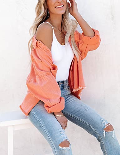 Lumister Womens Causal Oversized Button Distressed Jean Jacket Ripped Fringe Long Sleeve Denim Jacket With Pockets(0222-Orange-S)