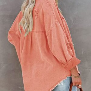 Lumister Womens Causal Oversized Button Distressed Jean Jacket Ripped Fringe Long Sleeve Denim Jacket With Pockets(0222-Orange-S)