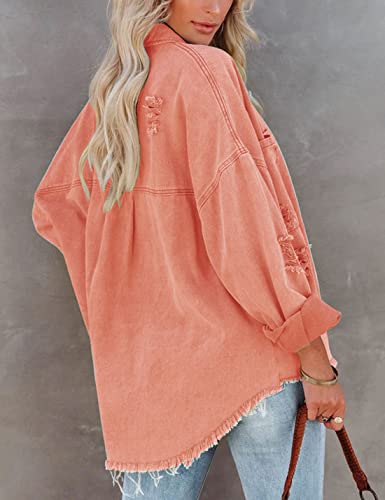 Lumister Womens Causal Oversized Button Distressed Jean Jacket Ripped Fringe Long Sleeve Denim Jacket With Pockets(0222-Orange-S)