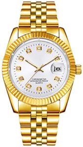 senrud men's fashion classic design analog quartz watches casual business stainless steel waterproof date wrist watch men (gold white)