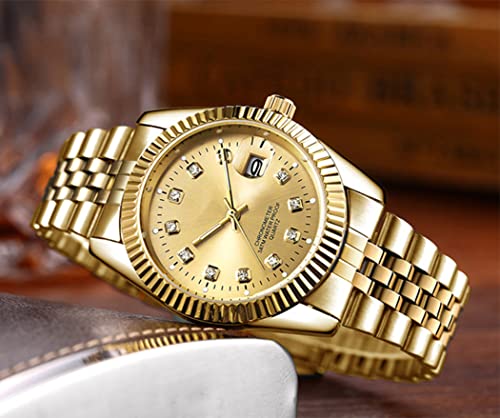 SENRUD Men's Fashion Classic Design Analog Quartz Watches Casual Business Stainless Steel Waterproof Date Wrist Watch Men (Gold White)