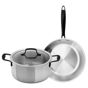 grandties tri-ply stainless 3-piece induction pots and pans set, casserole stockpot, frying pan, kitchen cooking pot with lid and black metal handle, dishwasher safe cookware