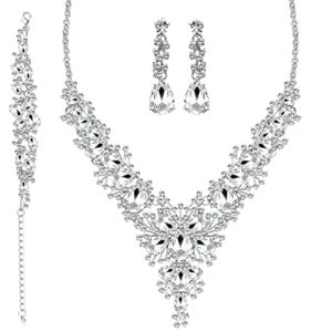 3 pieces wedding bridal rhinestone crystal jewelry set statement necklace bracelet teardrop dangle earrings set for women girls fit with bridesmaid wedding party prom dress jewelry set