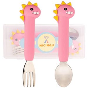 nicingu kids silverware with silicone handle,dinosaur baby spoons+fork,toddler utensils