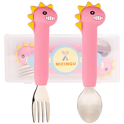 NICINGU Kids Silverware with Silicone Handle,Dinosaur Baby Spoons+Fork,Toddler Utensils