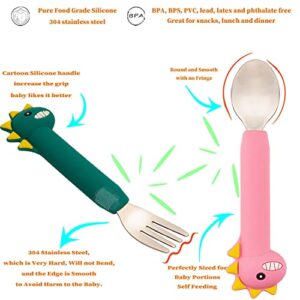 NICINGU Kids Silverware with Silicone Handle,Dinosaur Baby Spoons+Fork,Toddler Utensils