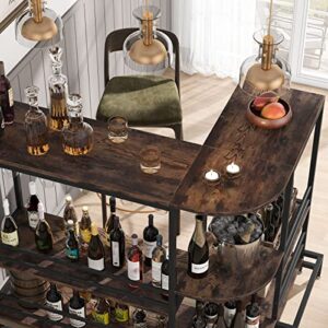 Tribesigns L-Shaped Home Bar Unit, 3-Tier Liquor Bar Table with Storage and Footrest, 43.3" Tall Wine Bar Stand Pub Bar Table for Liquor and Glasses, Rustic Brown