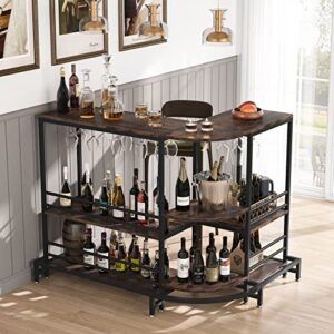 Tribesigns L-Shaped Home Bar Unit, 3-Tier Liquor Bar Table with Storage and Footrest, 43.3" Tall Wine Bar Stand Pub Bar Table for Liquor and Glasses, Rustic Brown