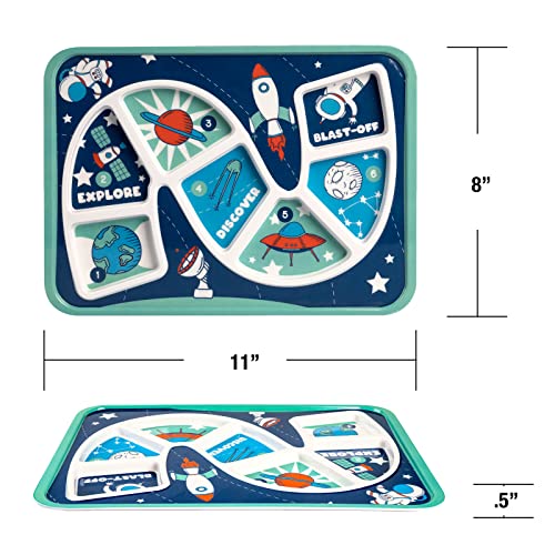 GSM Brands Kids Dinner Plate for Picky Eating Toddlers: Healthy Constructive Fun Meal Time, Divided Portions, Space Themed