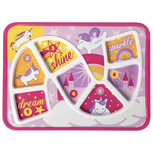 GSM Brands Kids Dinner Plate for Picky Eating Toddlers: Healthy Constructive Fun Meal Time, Divided Portions, Rainbow Unicorn Themed