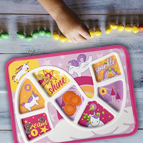 GSM Brands Kids Dinner Plate for Picky Eating Toddlers: Healthy Constructive Fun Meal Time, Divided Portions, Rainbow Unicorn Themed