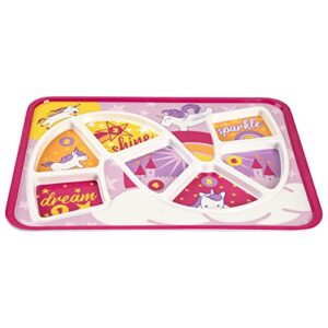 GSM Brands Kids Dinner Plate for Picky Eating Toddlers: Healthy Constructive Fun Meal Time, Divided Portions, Rainbow Unicorn Themed