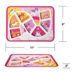 GSM Brands Kids Dinner Plate for Picky Eating Toddlers: Healthy Constructive Fun Meal Time, Divided Portions, Rainbow Unicorn Themed