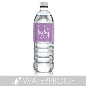 Purple It’s a Girl Baby Shower Water Bottle Labels - Sweet Baby Girl Themed Waterproof Wrappers - 24 Count