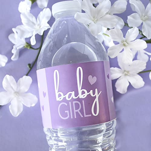 Purple It’s a Girl Baby Shower Water Bottle Labels - Sweet Baby Girl Themed Waterproof Wrappers - 24 Count