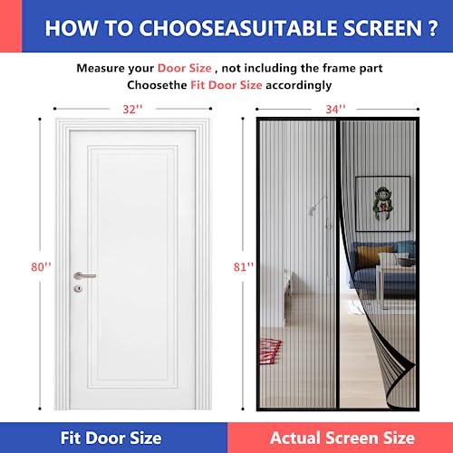 METAONLY Magnetic Screen Door Fits Door Size 32" x 80", Actual Screen Size 34" x 81", Screen Door Mesh,Door Screen Magnetic Closure for Patio Door Enjoy Air Fresh-Black