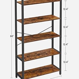 VASAGLE Bookshelf, 5-Tier Storage Rack with Steel Frame, for Living Room, Office, Study, Hallway, Industrial Style, Rustic Brown + Black, ‎11.8 x ‎31.5 x 60 inches