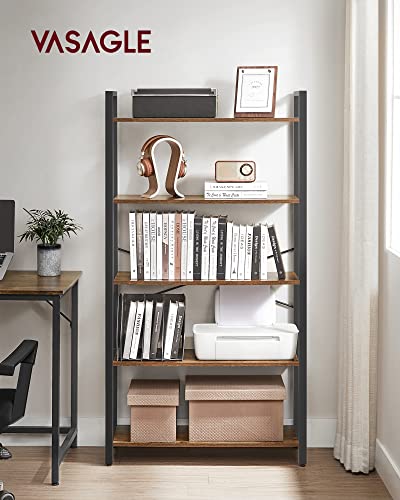 VASAGLE Bookshelf, 5-Tier Storage Rack with Steel Frame, for Living Room, Office, Study, Hallway, Industrial Style, Rustic Brown + Black, ‎11.8 x ‎31.5 x 60 inches