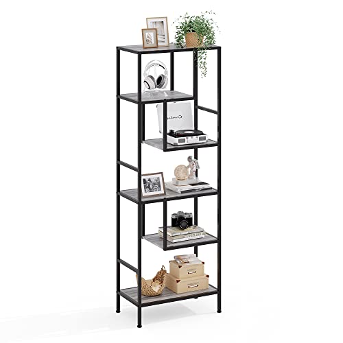 LINSY HOME Bookshelf, 5 Tier Wood and Metal Book Shelf, 68 Inches Display Tall Bookcase, Open Display Shelves for Living Room Bedroom Home Office, Grey