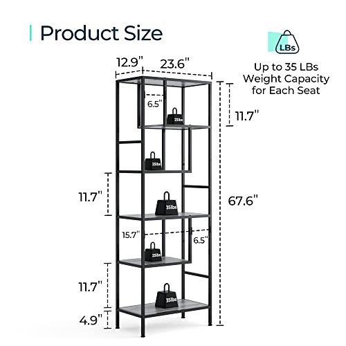 LINSY HOME Bookshelf, 5 Tier Wood and Metal Book Shelf, 68 Inches Display Tall Bookcase, Open Display Shelves for Living Room Bedroom Home Office, Grey