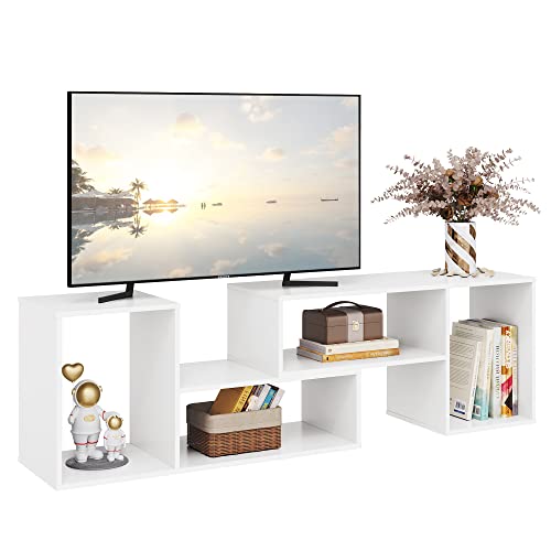 DEVAISE Flat Screen TV Stand for 43 45 55 inch TV, Modern Entertainment Center with Storage Shelves, Media Console Bookshelf for Living Room, White