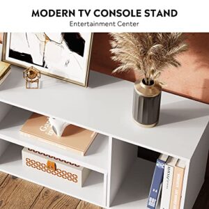 DEVAISE Flat Screen TV Stand for 43 45 55 inch TV, Modern Entertainment Center with Storage Shelves, Media Console Bookshelf for Living Room, White