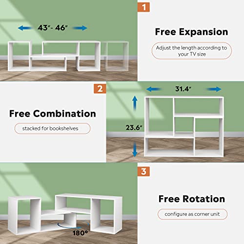 DEVAISE Flat Screen TV Stand for 43 45 55 inch TV, Modern Entertainment Center with Storage Shelves, Media Console Bookshelf for Living Room, White