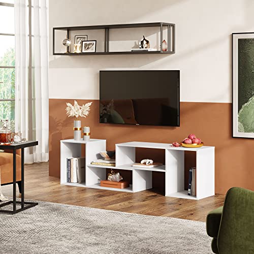 DEVAISE Flat Screen TV Stand for 43 45 55 inch TV, Modern Entertainment Center with Storage Shelves, Media Console Bookshelf for Living Room, White