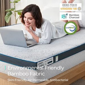 LINSY LIVING Mattress Topper Queen, 3-Inch Memory Foam Mattress Topper Queen Size, Bamboo Charcoal Infusion with Removable Bamboo Fiber Cover, 2-Layer Ventilated Design, CertiPUR-US Certified