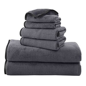 tenstars luxury silk hemming towel set - light thin quick drying - 2 bath towels 2 hand towels 2 washcloths - ultra soft microfiber towel for bath fitness, sports, yoga, travel (dark grey 6 pieces)