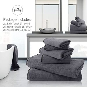 TENSTARS Luxury Silk Hemming Towel Set - Light Thin Quick Drying - 2 Bath Towels 2 Hand Towels 2 Washcloths - Ultra Soft Microfiber Towel for Bath Fitness, Sports, Yoga, Travel (Dark Grey 6 Pieces)