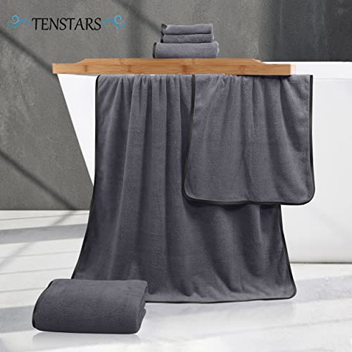 TENSTARS Luxury Silk Hemming Towel Set - Light Thin Quick Drying - 2 Bath Towels 2 Hand Towels 2 Washcloths - Ultra Soft Microfiber Towel for Bath Fitness, Sports, Yoga, Travel (Dark Grey 6 Pieces)