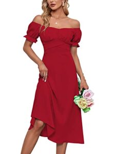 lyaner women's off shoulder wrap ruffle puff short sleeve ruched tie back dress red small