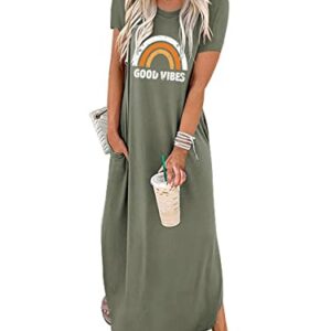 Prinbara Women's Casual Loose Sundress Long Dress Short Sleeve Split Maxi Dresses Cover Up Long Cami Maxi Dresses with Pockets 2PA22-ganlanlvyinzi-S