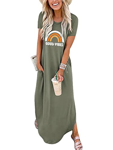 Prinbara Women's Casual Loose Sundress Long Dress Short Sleeve Split Maxi Dresses Cover Up Long Cami Maxi Dresses with Pockets 2PA22-ganlanlvyinzi-S