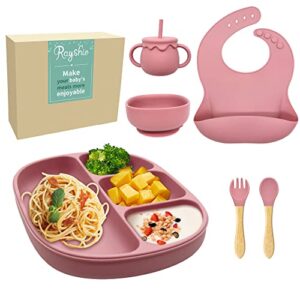 rayshie silicone baby feeding supplies 6 in 1, baby dishes, baby plates for babies, baby utensils 6-12 months, silicone bibs for babies, straw cup, baby led weaning supplies, bpa free