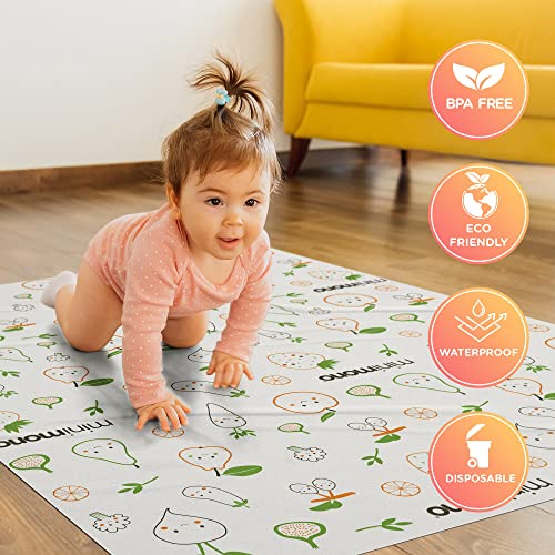 Minimono Baby Splat Mat for Under High Chair - 30 Pcs Disposable and Waterproof Splash Mats - 40"x47" Multipurpose Activity Mat for Picnic Art Craft - Baby Led Weaning Supplies (Fruits and Vegetables)