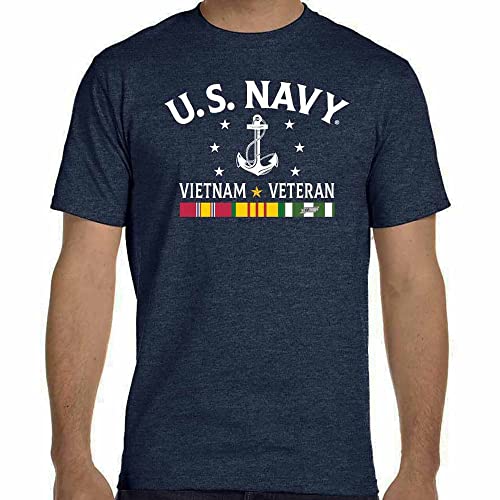 US Navy Vietnam Veteran T-Shirt with 3 Ribbons and Anchor Graphics (Large)