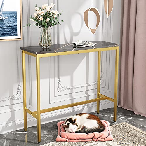 Awonde Modern Rectangle Bar Table Gold Black Faux Marble Bar Height Table 41" Tall Pub Table for Living Room Dining Room Entryway Sofa Console Table with Wood Top Metal Frame