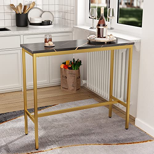 Awonde Modern Rectangle Bar Table Gold Black Faux Marble Bar Height Table 41" Tall Pub Table for Living Room Dining Room Entryway Sofa Console Table with Wood Top Metal Frame