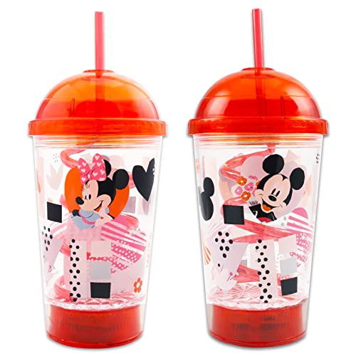 Disney Mickey and Minnie Tumbler with Straw Bundle ~ Mickey Mouse Cup with Straw for Kids Adults with Stickers | Mickey Minnie Gifts