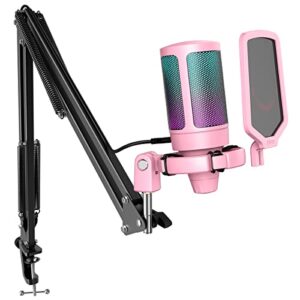 fifine gaming usb microphone kit, pc streaming recording computer rgb microphone set for podcasting, singing, youtube, condenser cardioid mic with quick mute, gain knob-a6t pink