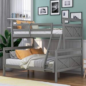 glorhome twin over full bunk bed, solid wood bed frame with full length safety guard rails and ladder, classic bedroom furniture for teens adults,can be converted into 2 beds, grey