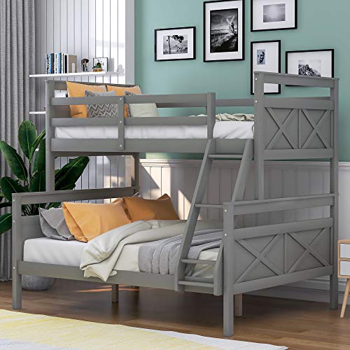 GLORHOME Twin Over Full Bunk Bed, Solid Wood Bed Frame with Full Length Safety Guard Rails and Ladder, Classic Bedroom Furniture for Teens Adults,Can Be Converted into 2 Beds, Grey