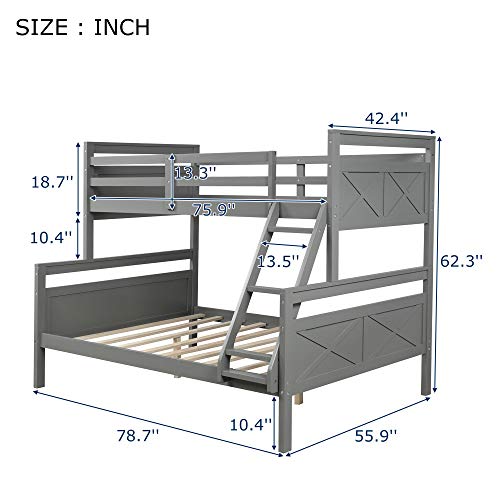 GLORHOME Twin Over Full Bunk Bed, Solid Wood Bed Frame with Full Length Safety Guard Rails and Ladder, Classic Bedroom Furniture for Teens Adults,Can Be Converted into 2 Beds, Grey