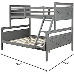 GLORHOME Twin Over Full Bunk Bed, Solid Wood Bed Frame with Full Length Safety Guard Rails and Ladder, Classic Bedroom Furniture for Teens Adults,Can Be Converted into 2 Beds, Grey